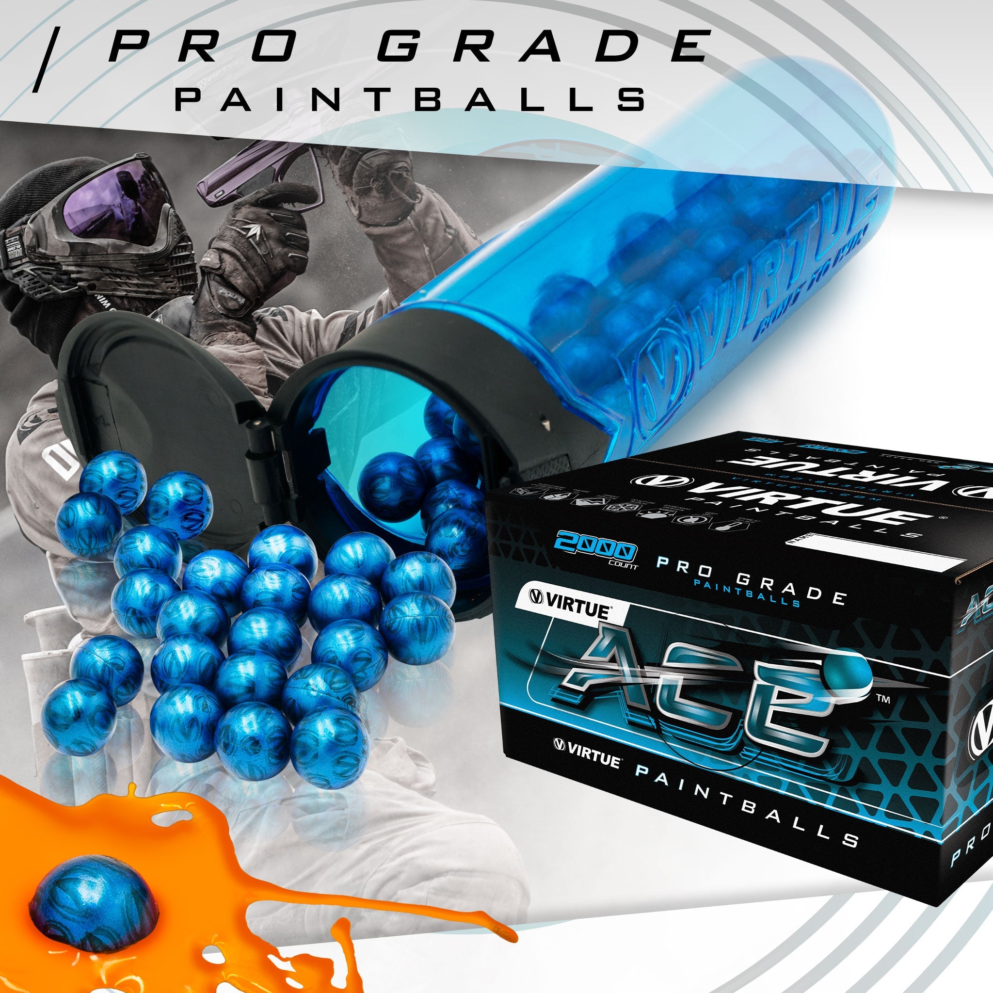 Virtue Ace Paintballs - Blue V-Logo Shell / Orange Fill - 2 Cases –